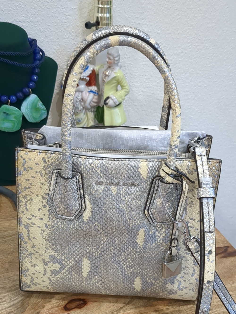 NWOT! Flawed Michael Kors Cream and Silver Snake-Print Genuine Leather Tote